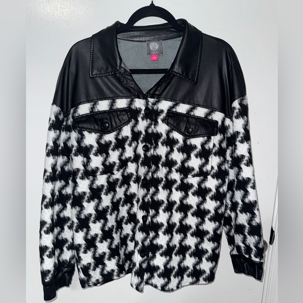 Vince Camuto Black and White Houndstooth Shacket with Faux Feather Trim